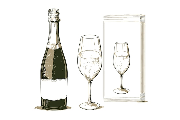 Vector wine bottle glass wine wine sketch black color in sketch style vector illustration