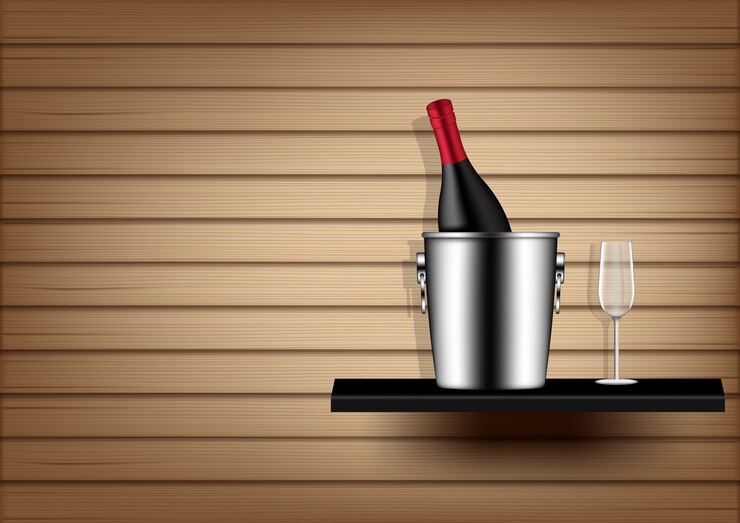 Vector wine bottle, ice bucket and glass 
