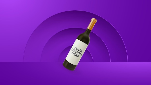 Mockup di bottiglia di vino con palline 3d e vettore di illustrazione di sfondo viola