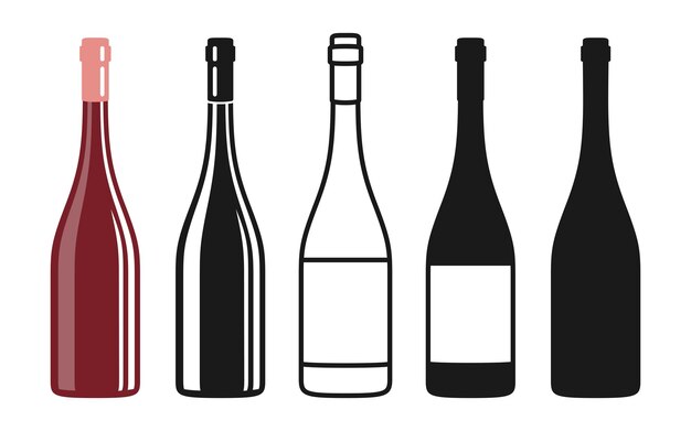 Vector wine bottle set design symbol silhouette icon stamp alcohol beverages celebration winemaking mockup