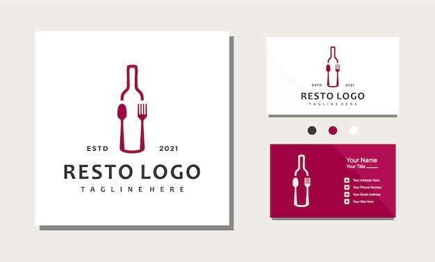 Bottiglia di vino cucchiaio forchetta piatto ristorante logo design