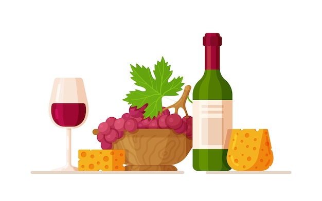 Wine bottle with glass and grapes illustration