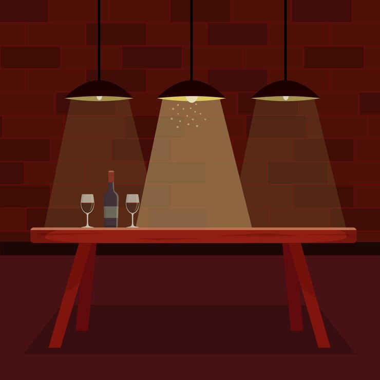 Vector wine bottle with glasses on a wooden table.