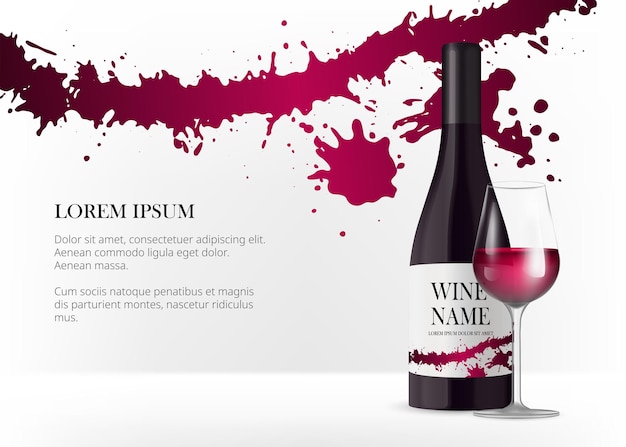 Vector wine bottle with label on white background. black bottle. realistic 3d wine glass with red liquid.