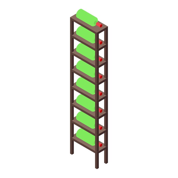 Vector wine bottles lying down aging on wooden rack isometric view