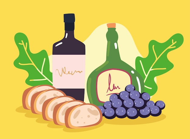 Vector wine bottles with bread and grapes