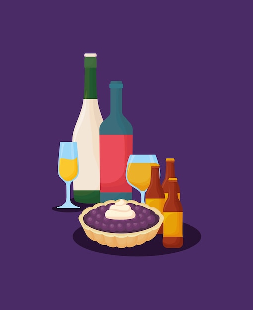 wine bottles with pie and beer bottles 