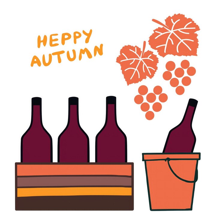 Vector wine bottles in a wooden crate with autumn foliage and grapes celebrating the changing season