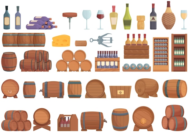 Wine cellar icons set cartoon vector barrel keg