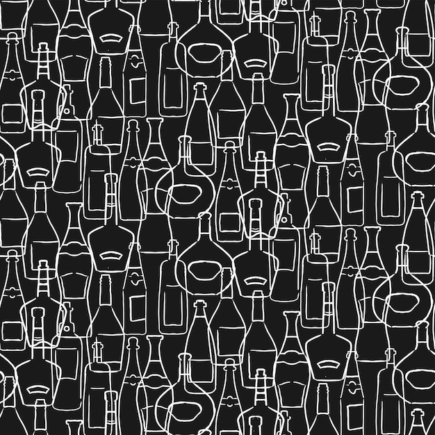 Vector wine champagne bottles chalk seamless pattern on black background sketch of drink and beverage conce...