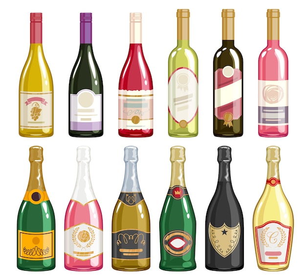 Vector wine and champagne bottles icons set.