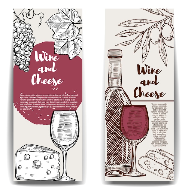 Modelli di banner di vino e formaggio. elementi per menu, poster, flyer. illustrazione