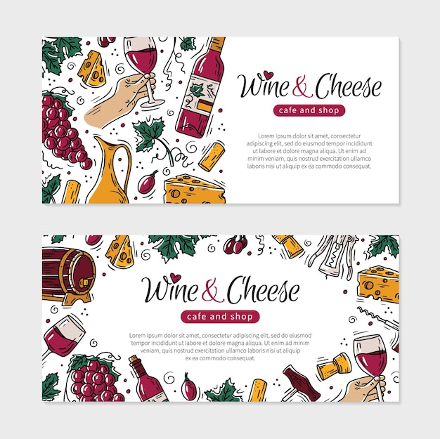 Wine and cheese flyer for a restaurant or shop in doodle style