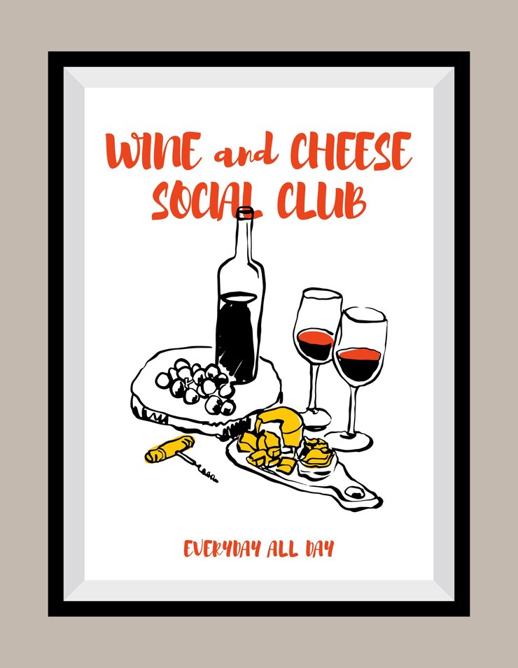 Vector wine and cheese hand drawn illustration in a poster frame for wall art gallery