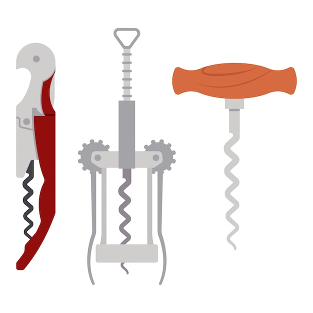 Wine corkscrew  cartoon flat set isolated on a white background.