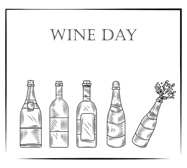 Wine day, set of wine bottles in vintage engraved style