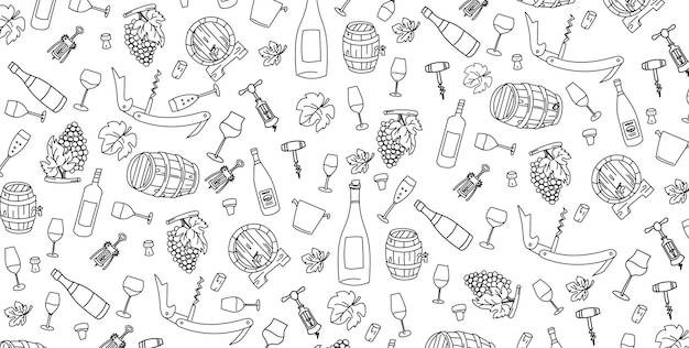 wine elements hand drawn doodle and vector illustration icons set