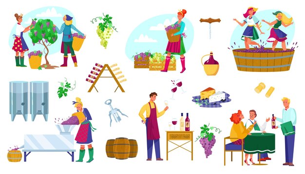 Vettore set di illustrazioni vettoriali di produzione di fabbrica di vino cartone animato piatto personaggi viticoltori lavoro produrre vino