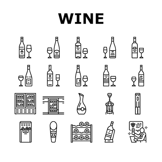 Wine glass alcohol red bottle icons set vector