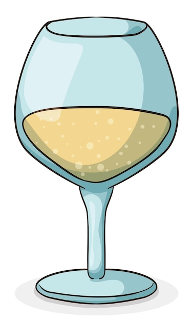 Vector wine glass in cartoon style filled with delicious and bubbly champagne