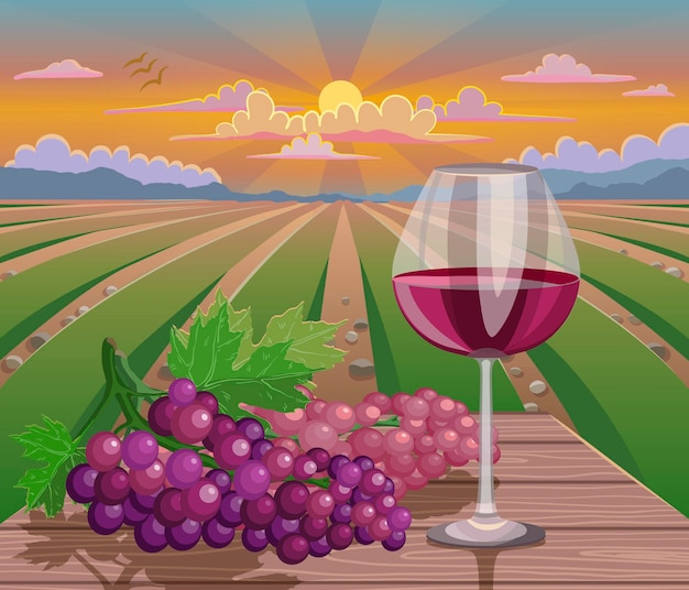 Vector wine glass and grapes in wineyard