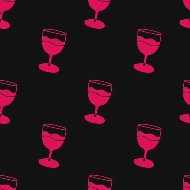 Бокал для вина бесшовный узор розовый и черный фон плоский стиль