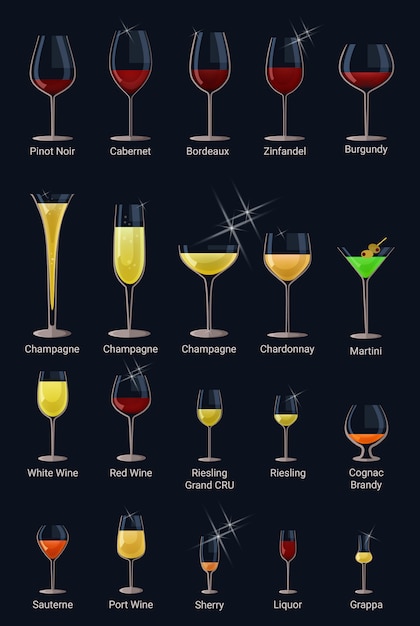 와인 유리 와이너리 알코올 음료와 유리 음료 샴페인 액체 마시는 칵테일 브랜디 또는 셰리의 레스토랑 그림 세트 바에서 빨간 음료 와인 글라스 배경에 고립