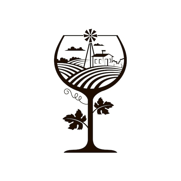 Vector wine glass with vineyard fields