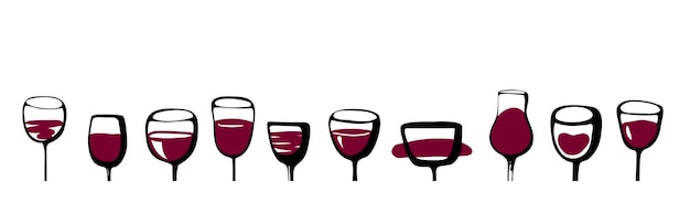 Vector wine glasses set banner collection of sketched doodle watercolor wineglasses and glass