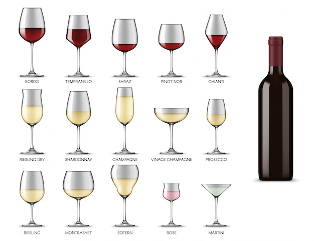 Vector wine glasses types, white and red wine drink cups