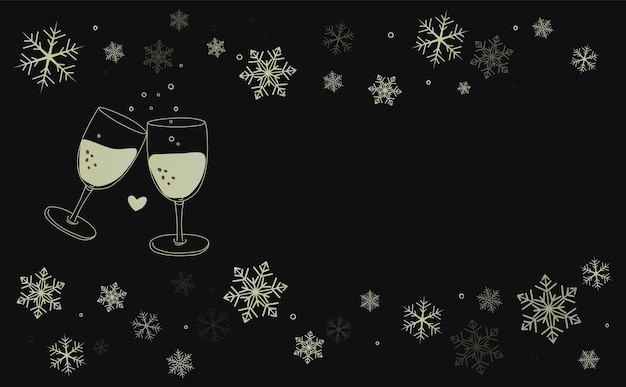 Wine glasses with golden snowflakes on black background lineart illustration