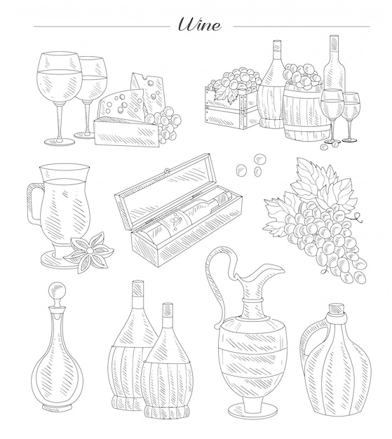 Wine and Grapes, Hand drawn  Set