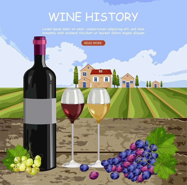 Wine history card with full glasses and bottle