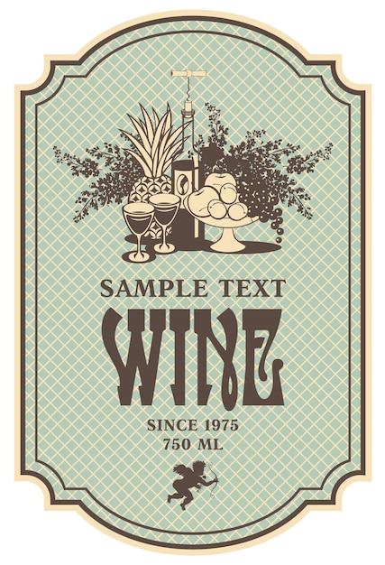 Wine label with glasses, bottle and bowl of fruits