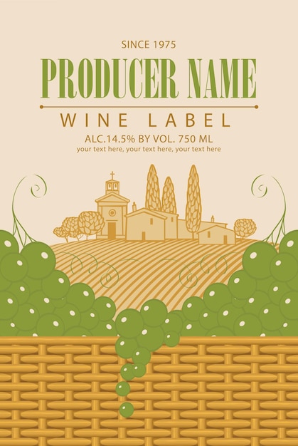 Vector wine label with grape, basket and italian village