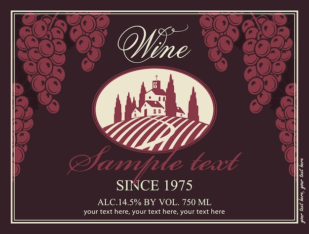 wine label with a landscape of vineyards