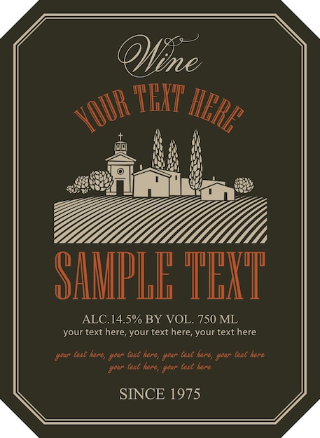 Vector wine label with a landscape of vineyards