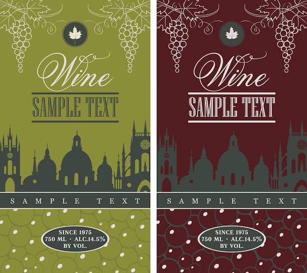 Wine labels with old town and bunch of grapes