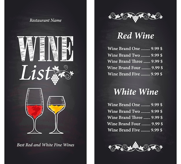 Vector wine list on a chalkboard background. best red and white fine wines menu. vector illustration