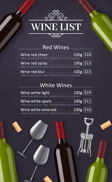 Vector wine list with bottles glasses and corkscrew