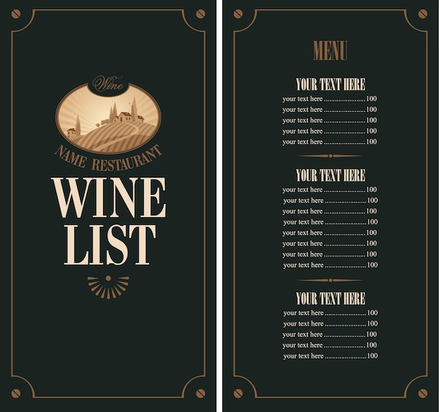 Wine list with countryside landscape and prices