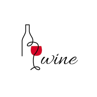 Logo del vino per un bar di un negozio di liquori bicchiere e bottiglia con la scritta vino in linea stile