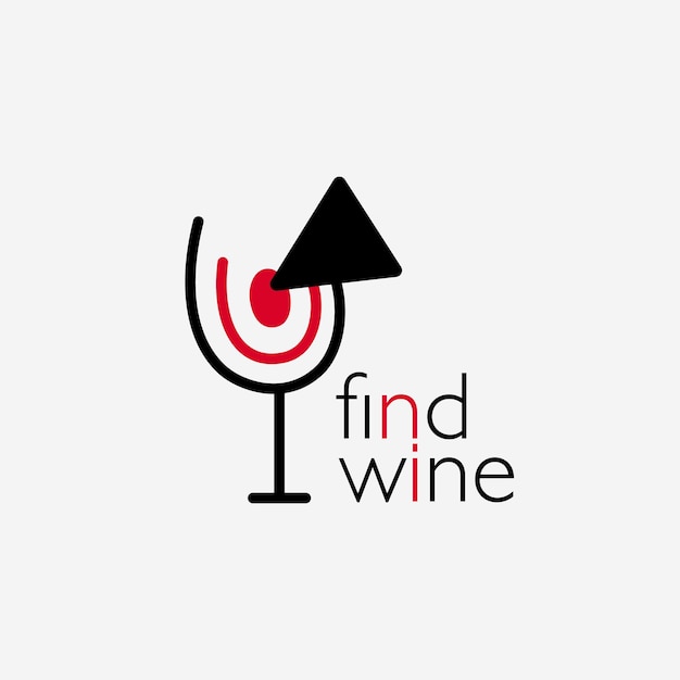 와인 로고. 주류 판매점, 레스토랑, 바 로고. 목표물과 "와인 찾기"라고 적힌 화살표가 있는 적포도주 한 잔.