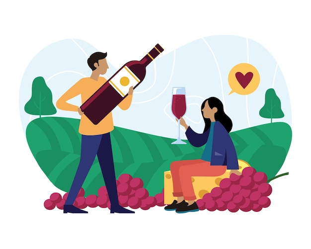 Vector wine made with love man and woman tasting red wine and cheese in nature tasting tours to vineyards cartoon personages van jonge mensen die zich bezighouden met wijnproductie