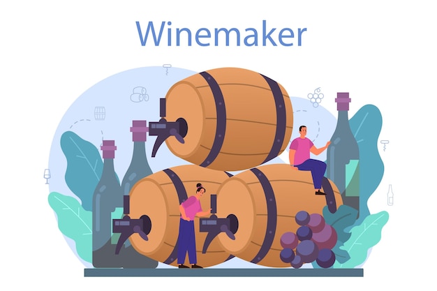 Vector wine maker concept. grape wine in a wood barrel, bottle of a red wine and glass full of alcohol drink.