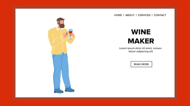 ワインメーカー現在のワイナリーアルコール製品ベクトル。アルコールブドウ飲料とワイングラスを保持しているワインメーカーの男。キャラクターワインメーカーは、飲み物のwebフラット漫画イラストでガラスを保持します