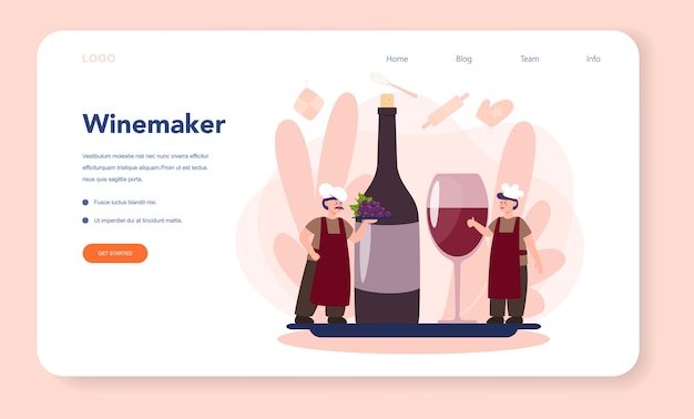 Wine maker web landing page. man wearing his apron with a bottle of a red wine and glass full of alcohol drink. grape wine in a wood barrel, wine storage. isolated vector illustration