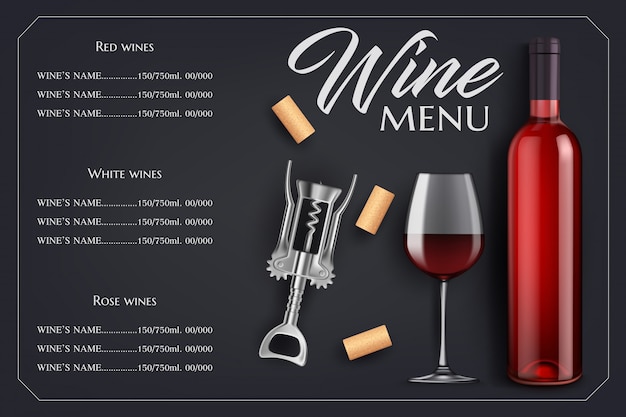 Vector wine menu list  template with bottle, glass