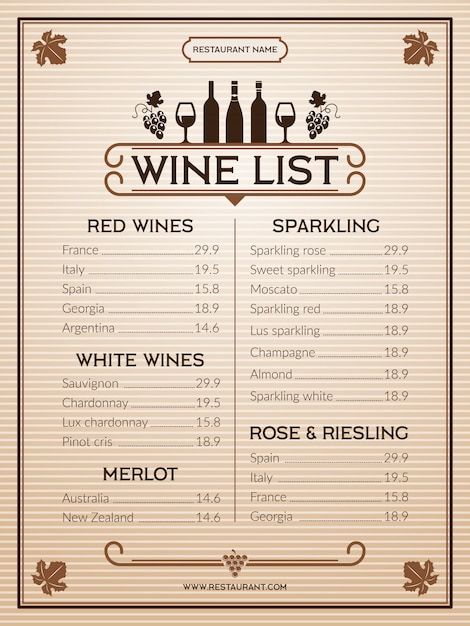 Wine menu template of restaurant or bar menu