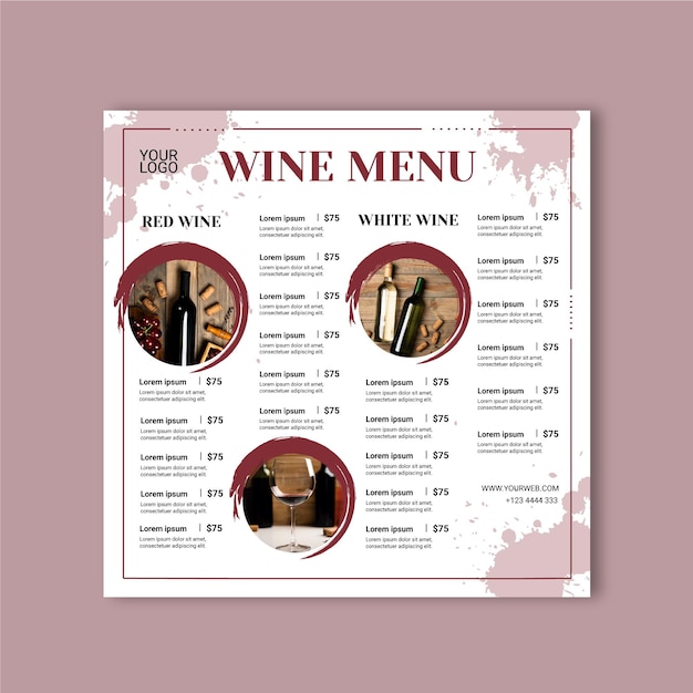 Modello di menu del vino